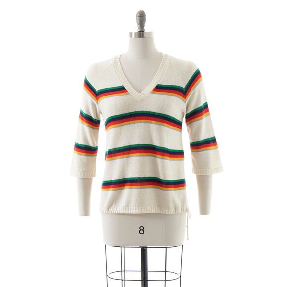 Vintage 1970s Sweater 70s Rainbow Striped Cream Knit Retro Pullover Top - Picture 5 of 9